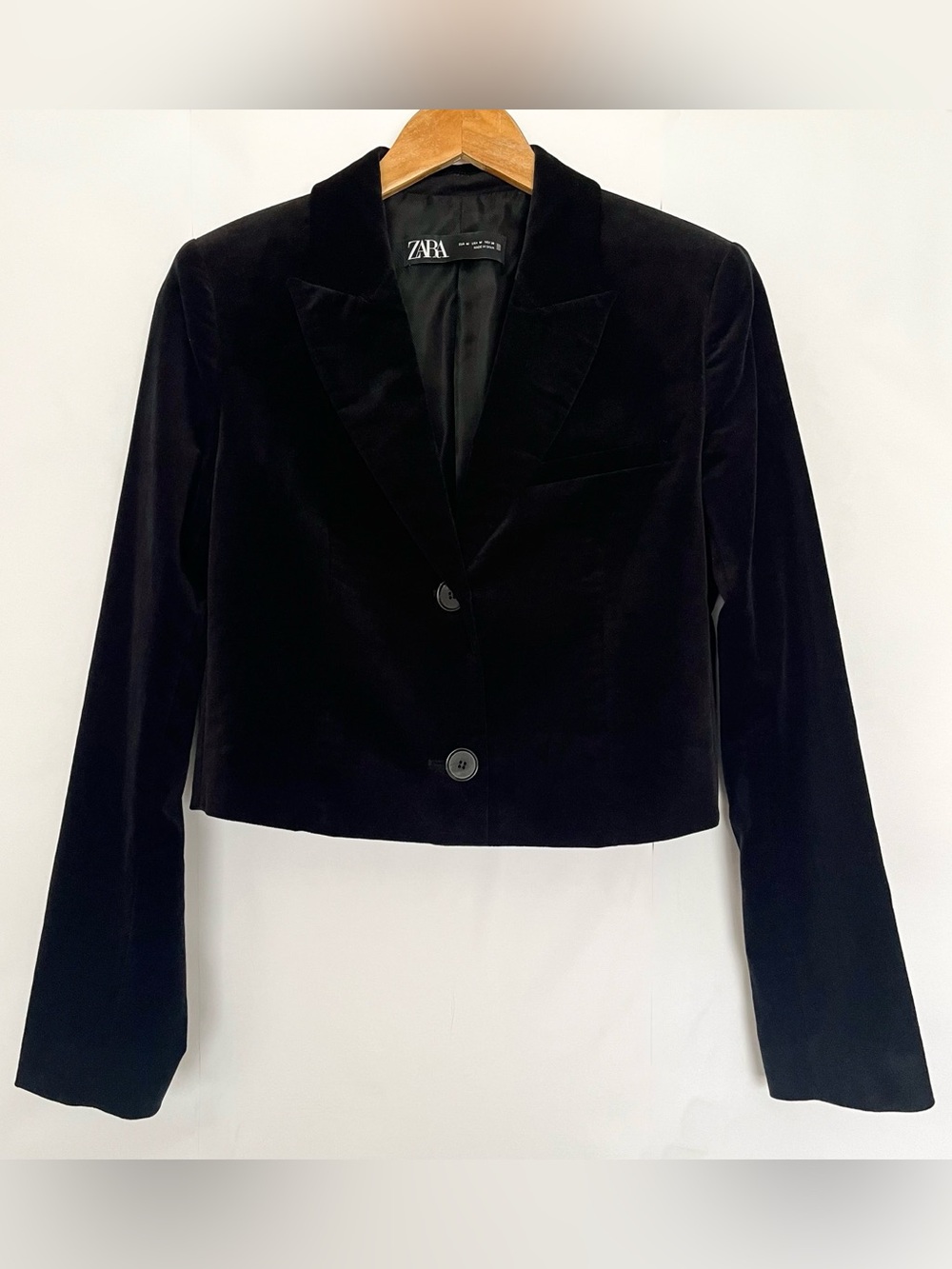Zara Velvet Cropped Blazer Single Breasted Cotton Fully Lined Size Medium Black
